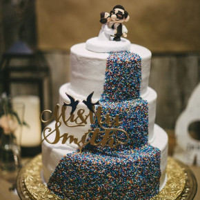 Beautiful white and multicolor wedding cake, Southern Event Planners, Memphis, Tennessee. Photo by Kevin Barre.