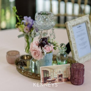 Vintage Centerpiece, Old postcard, Candles, Flowers by Southern Event Planners, Memphis Wedding Planner, Memphis Weddings